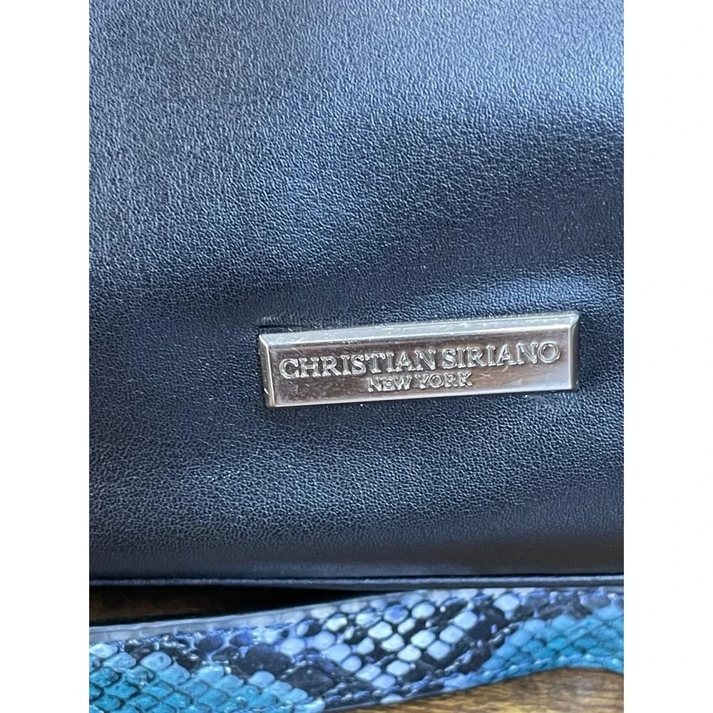 Christian Siriano‎ New York Black Faux Leather Satchel Tote Blue Python B1